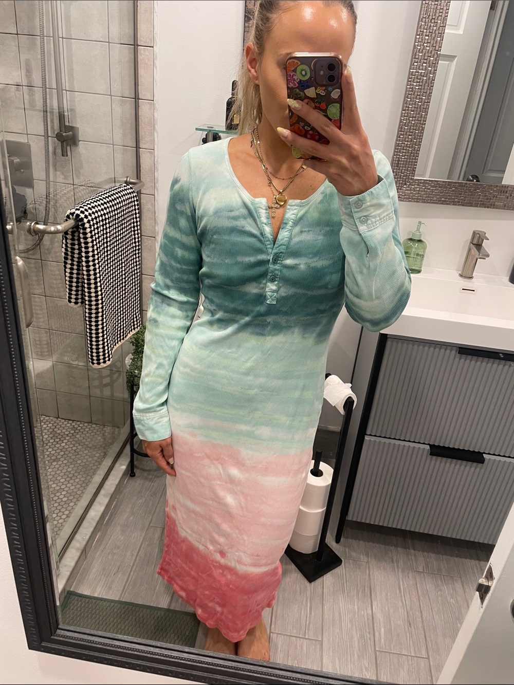Ocean like  Long Sleeve Maxi Dress in Mint and Pink